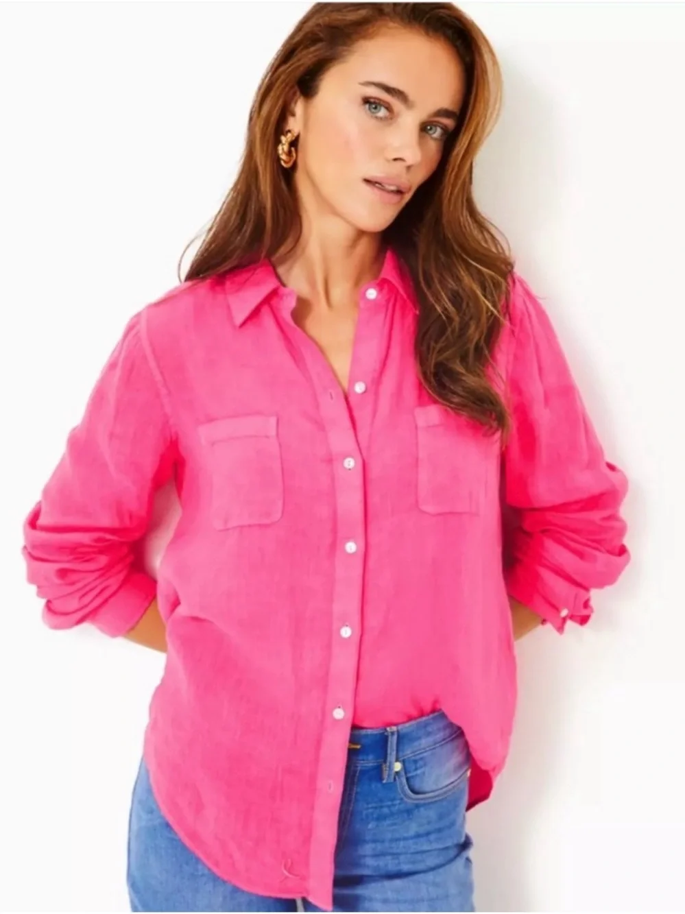 NWT~ Lilly Pulitzer Vibrant Hot Pink Linen Button-Down Shirt, Size Medium - Picture 1 of 5